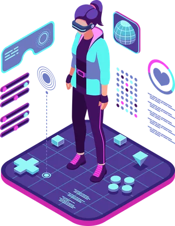 Une femme utilise un casque VR pour faire des présentations  Illustration