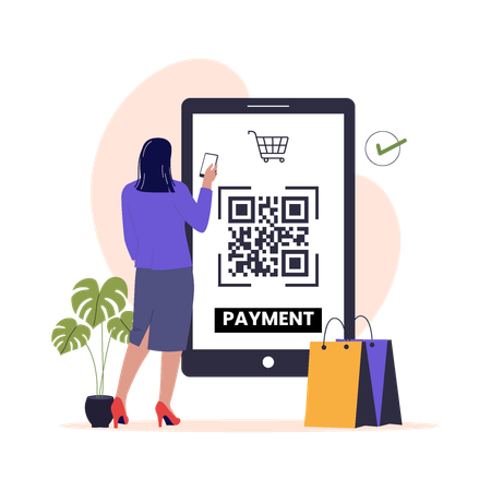 Femme utilisant un code QR pour un paiement sans contact sur un écran numérique  Illustration