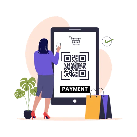Femme utilisant un code QR pour un paiement sans contact sur un écran numérique  Illustration