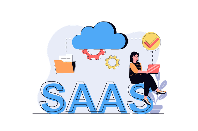 Femme utilisant un logiciel en tant que service avec abonnement en ligne  Illustration