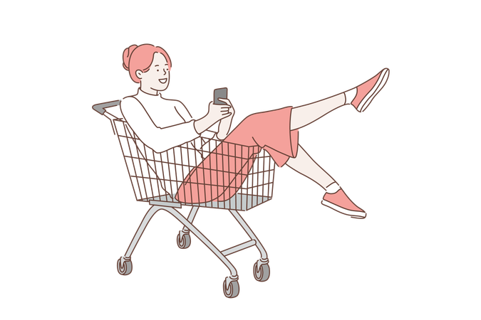 Femme utilisant un mobile dans un caddie  Illustration