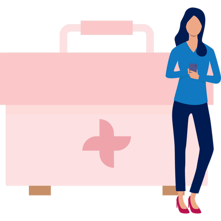 Femme utilisant un mobile montrant une boîte médicale  Illustration