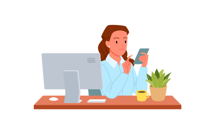 Femme utilisant un mobile sur son bureau  Illustration