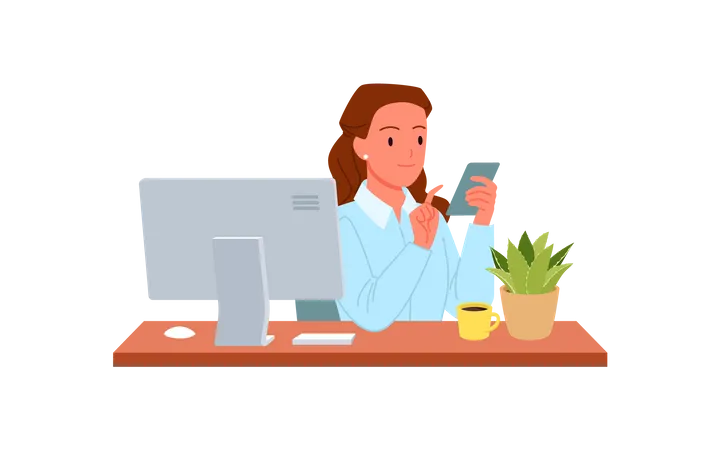 Femme utilisant un mobile sur son bureau  Illustration