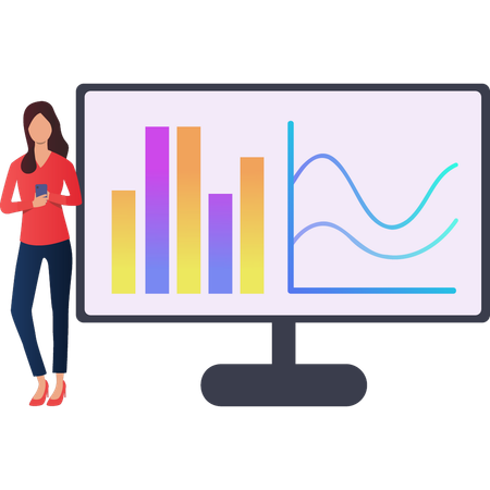 Femme utilisant un mobile tout en regardant un graphique d'affaires  Illustration