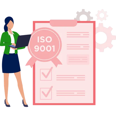 Femme utilisant un ordinateur portable pour la certification ISO 9001  Illustration