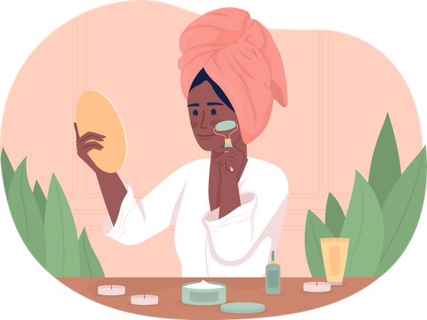 Femme utilisant un rouleau pour le visage à la maison  Illustration