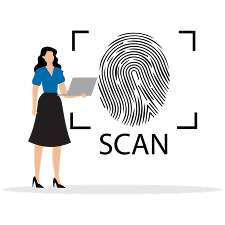 Femme utilisant un scanner de sécurité biométrique  Illustration