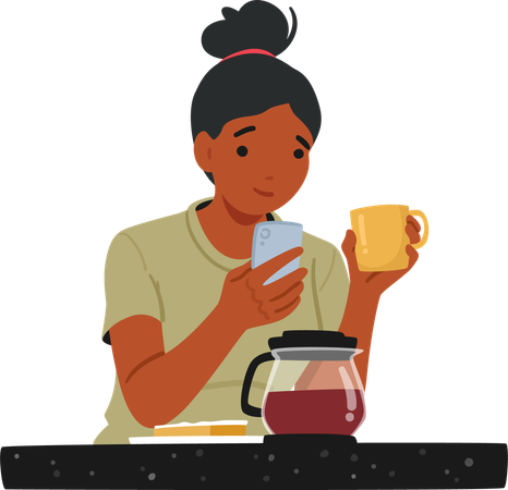 Femme utilisant un smartphone tout en savourant une tasse de café  Illustration