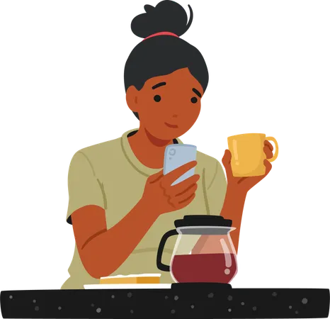 Femme utilisant un smartphone tout en savourant une tasse de café  Illustration