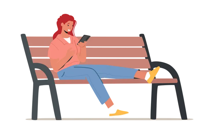 Femme utilisant un smartphone assise sur un banc  Illustration