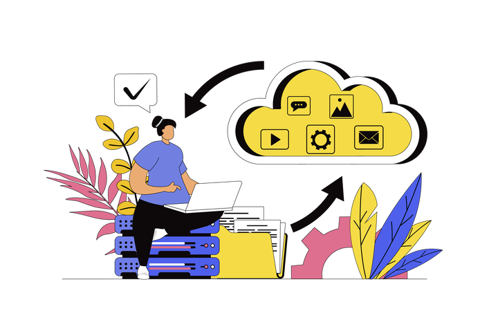 Femme utilisant le stockage cloud  Illustration