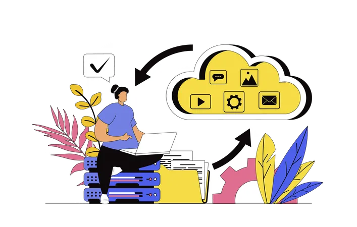 Femme utilisant le stockage cloud  Illustration