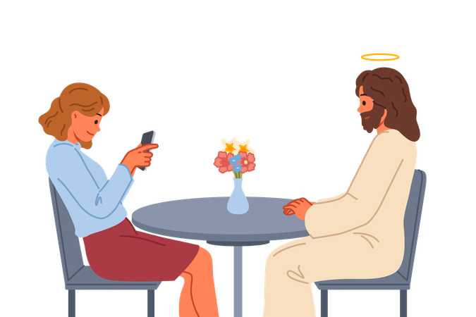 Une femme utilise un téléphone tout en étant assise avec Jésus-Christ  Illustration