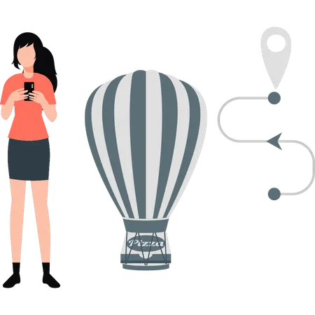 Femme utilisant un téléphone portable debout près d'un ballon  Illustration