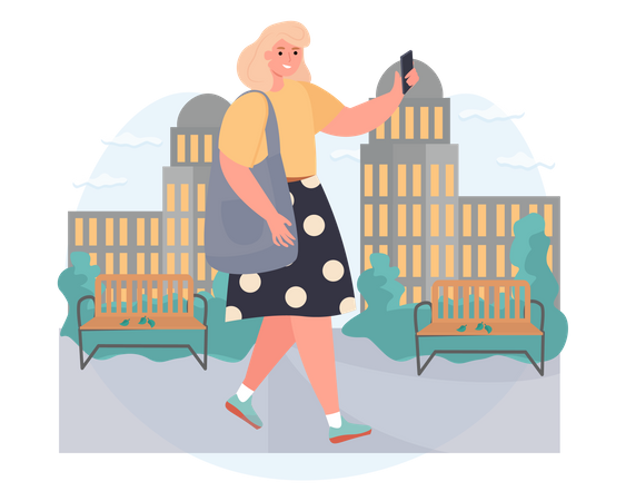 Femme utilisant un téléphone en marchant  Illustration