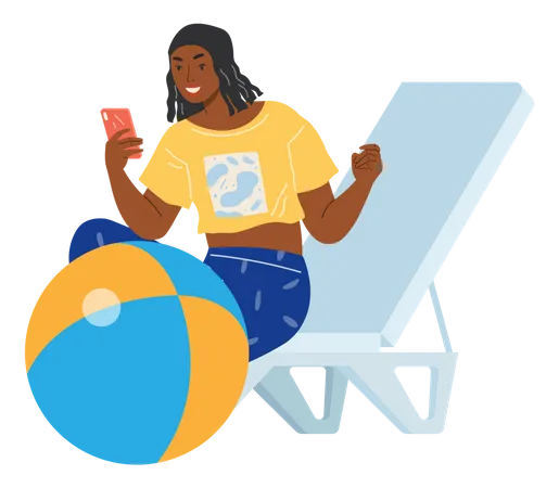 Femme utilisant un téléphone pendant des vacances à la plage  Illustration