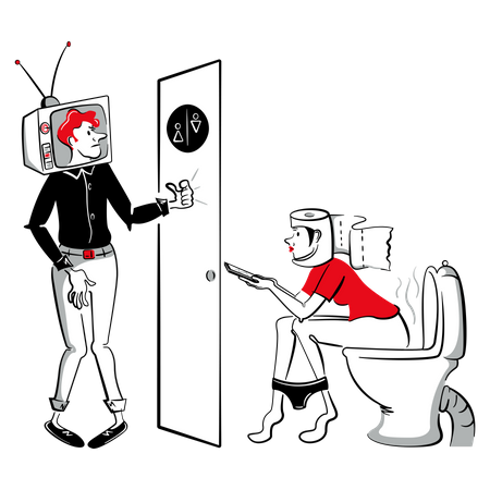 Femme utilisant un téléphone alors qu'elle était assise dans les toilettes  Illustration