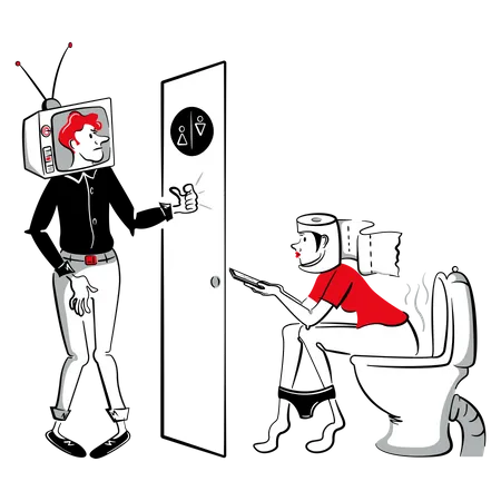 Femme utilisant un téléphone alors qu'elle était assise dans les toilettes  Illustration