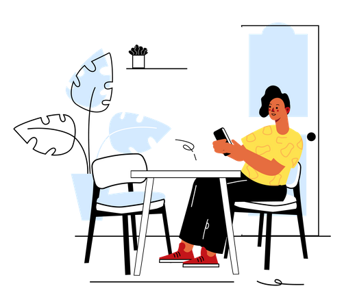 Femme utilisant un téléphone alors qu'elle était assise sur une table  Illustration