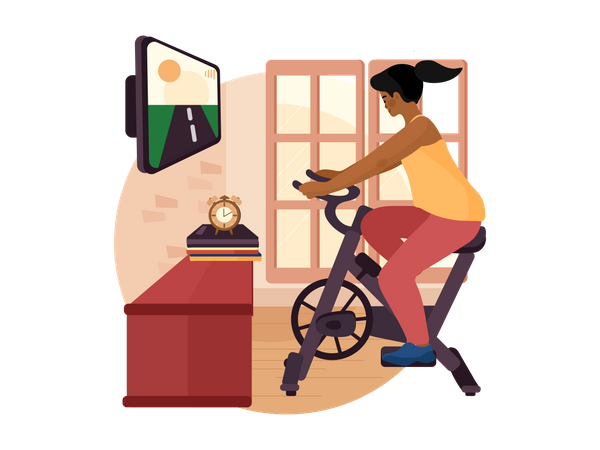 Femme utilisant un vélo de cyclisme en salle à la maison  Illustration