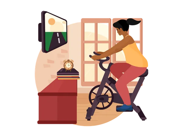 Femme utilisant un vélo de cyclisme en salle à la maison  Illustration