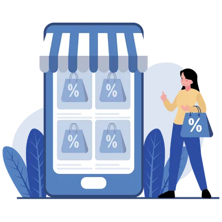 Femme utilisant une application de shopping avec remise  Illustration