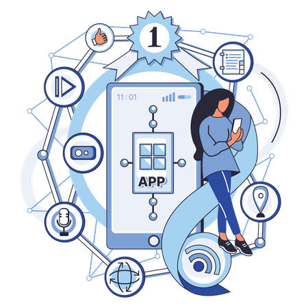 Femme utilisant une application mobile  Illustration