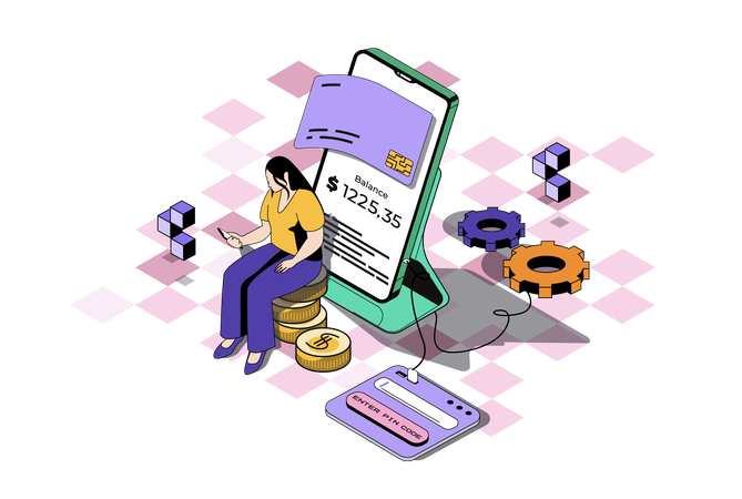 Femme utilisant une application pour effectuer des paiements en ligne sécurisés  Illustration