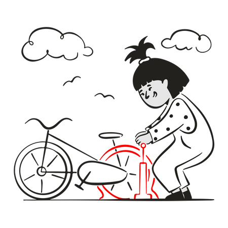 Femme utilisant une pompe remplissant l'air dans un pneu crevé  Illustration