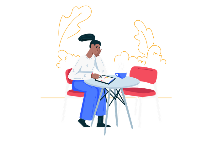 Femme utilisant une tablette graphique et assise sur une table avec une tasse de café  Illustration