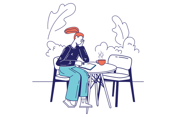 Femme utilisant une tablette graphique et assise sur une table avec une tasse de café  Illustration