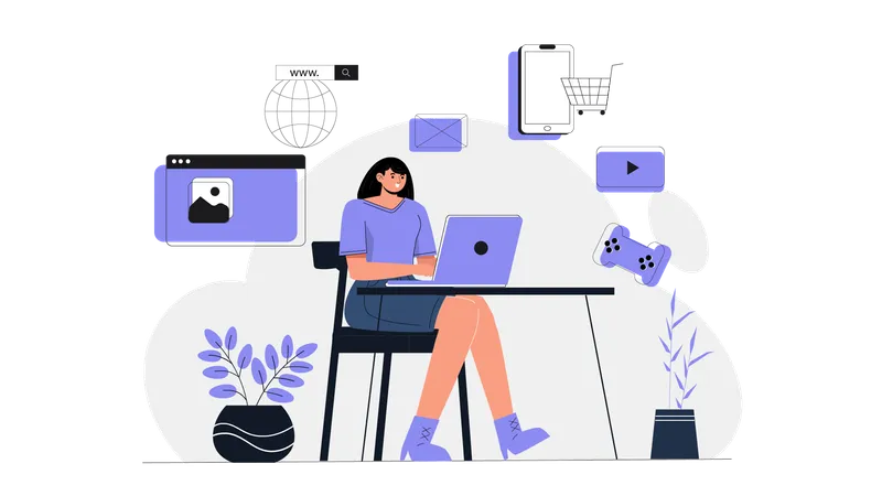 Une femme utilisant la technologie moderne pour faire des achats en ligne  Illustration