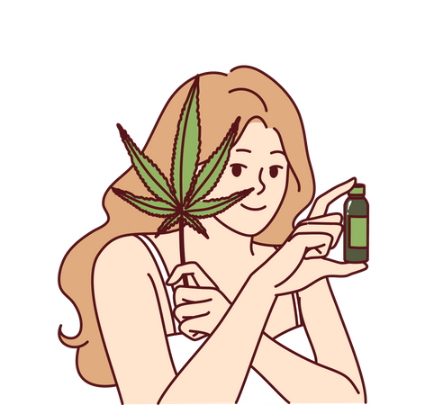 Une femme utilise de l'huile de chanvre pour les soins de la peau et pour lutter contre l'acné sur le visage et tient une feuille de marijuana  Illustration