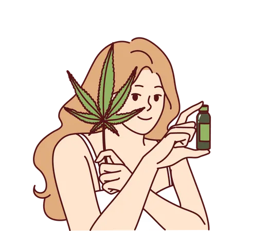 Une femme utilise de l'huile de chanvre pour les soins de la peau et pour lutter contre l'acné sur le visage et tient une feuille de marijuana  Illustration