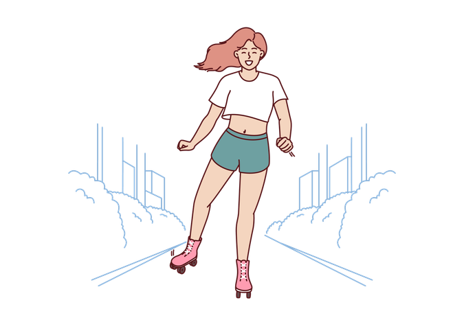 Une femme utilise des patins à roulettes pour se promener en ville et respirer de l'air frais lors d'une chaude journée d'été  Illustration