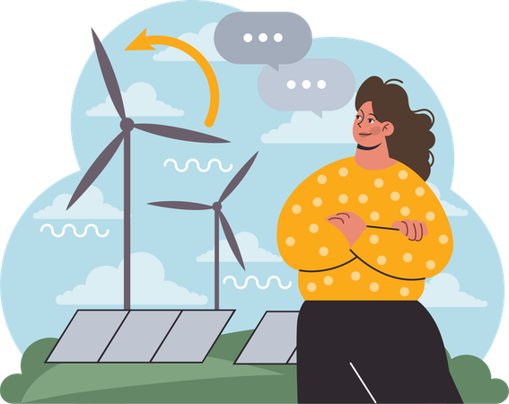 Une femme utilise l’énergie éolienne  Illustration