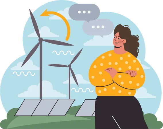 Une femme utilise l’énergie éolienne  Illustration