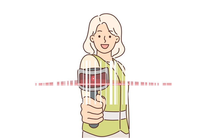Une femme utilise un lecteur de codes-barres pour suivre les marchandises stockées  Illustration