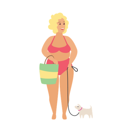 Femme va à la plage avec un chien  Illustration