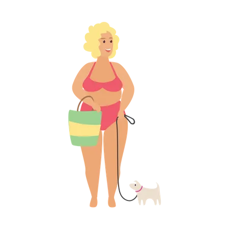 Femme va à la plage avec un chien  Illustration