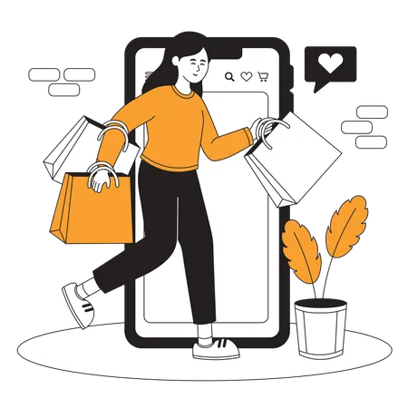 Une femme va faire des achats en ligne à l'aide d'une application mobile  Illustration