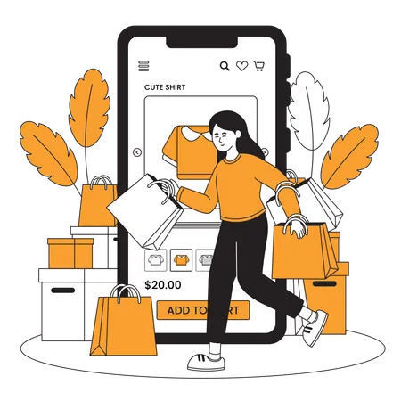 Une femme va faire des achats en ligne à l'aide d'une application mobile  Illustration