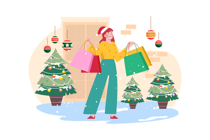 Une femme fait du shopping pour les vacances de Noël  Illustration