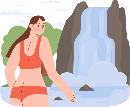 Une femme va nager dans une cascade  Illustration