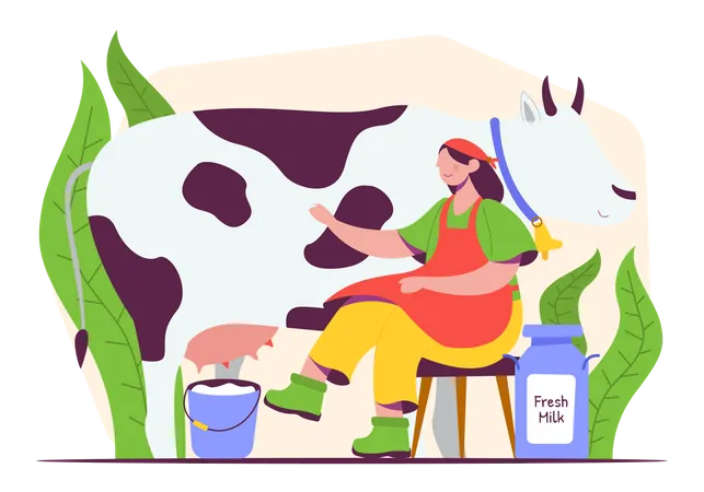 Femme traite une vache  Illustration