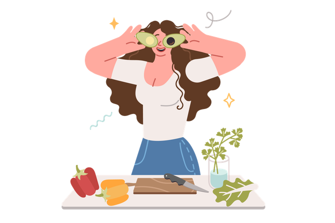 Une femme végétarienne prépare une salade de fruits et légumes frais  Illustration