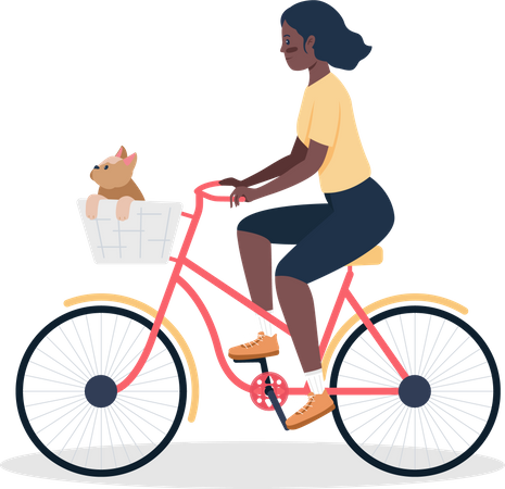 Femme faisant du vélo avec un chien dans un panier  Illustration