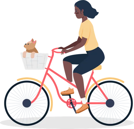 Femme faisant du vélo avec un chien dans un panier  Illustration