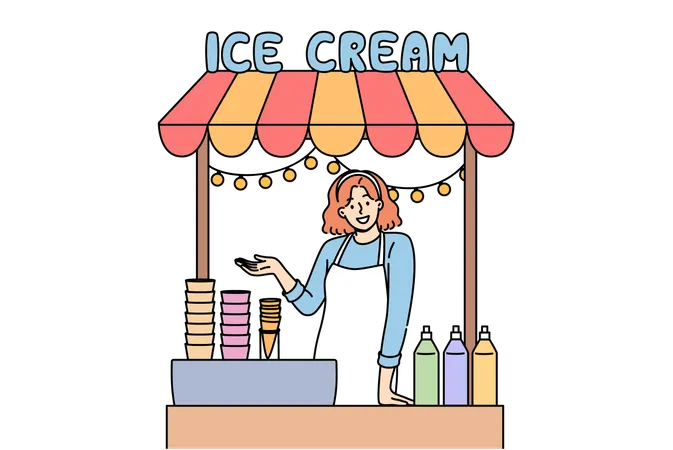 Une femme vend de la glace dans un étal de rue et fait un geste vous invitant à essayer un dessert froid  Illustration